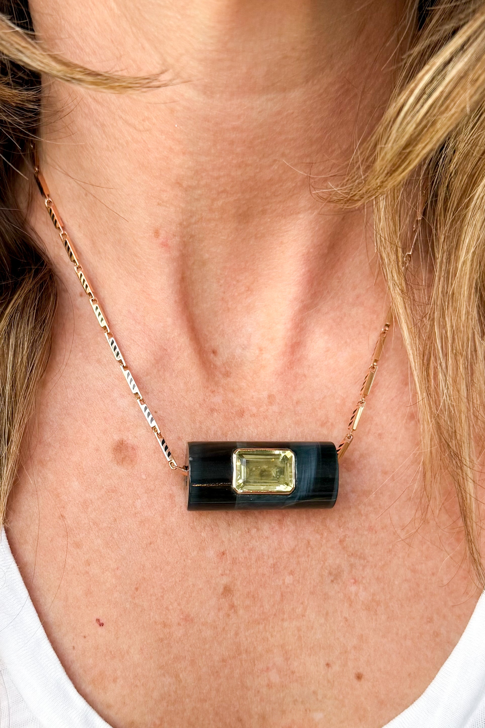 Blue Tiger Eye Long Bead with Lemon Quartz