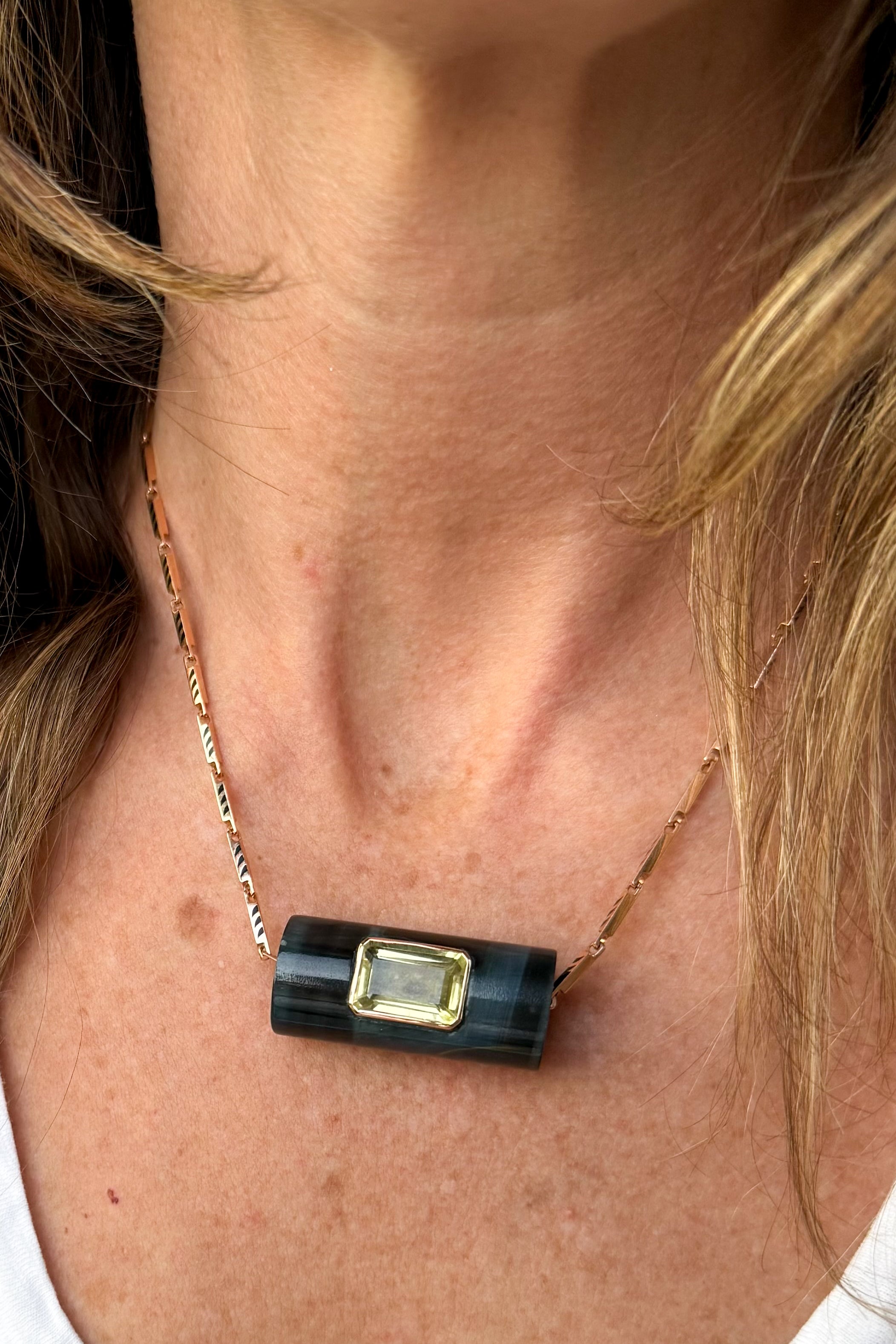 Blue Tiger Eye Long Bead with Lemon Quartz