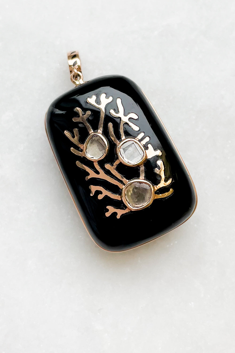 Gold Coral Inlay & Diamond Onyx Charm