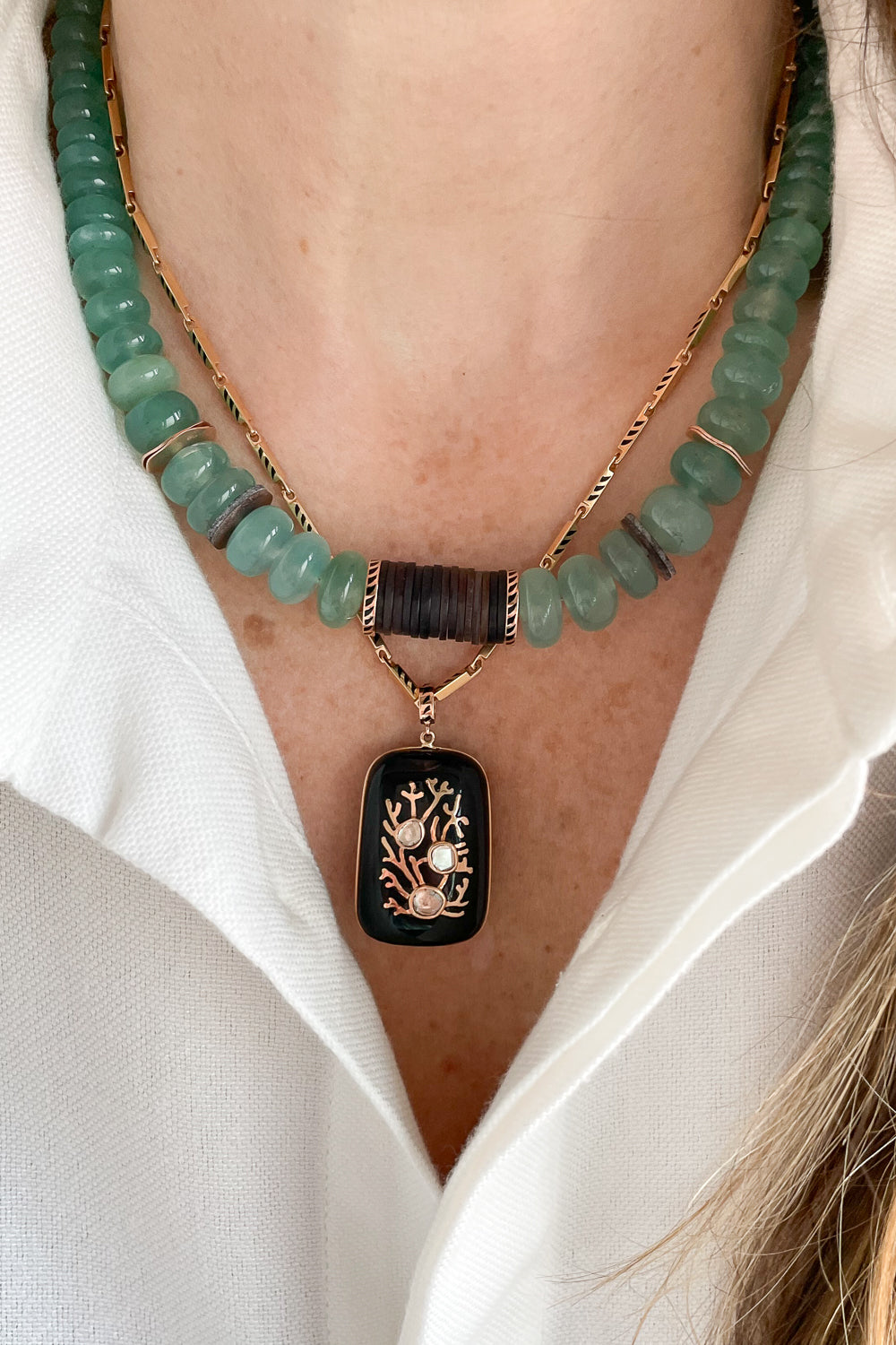 Gold Coral Inlay & Diamond Onyx Charm