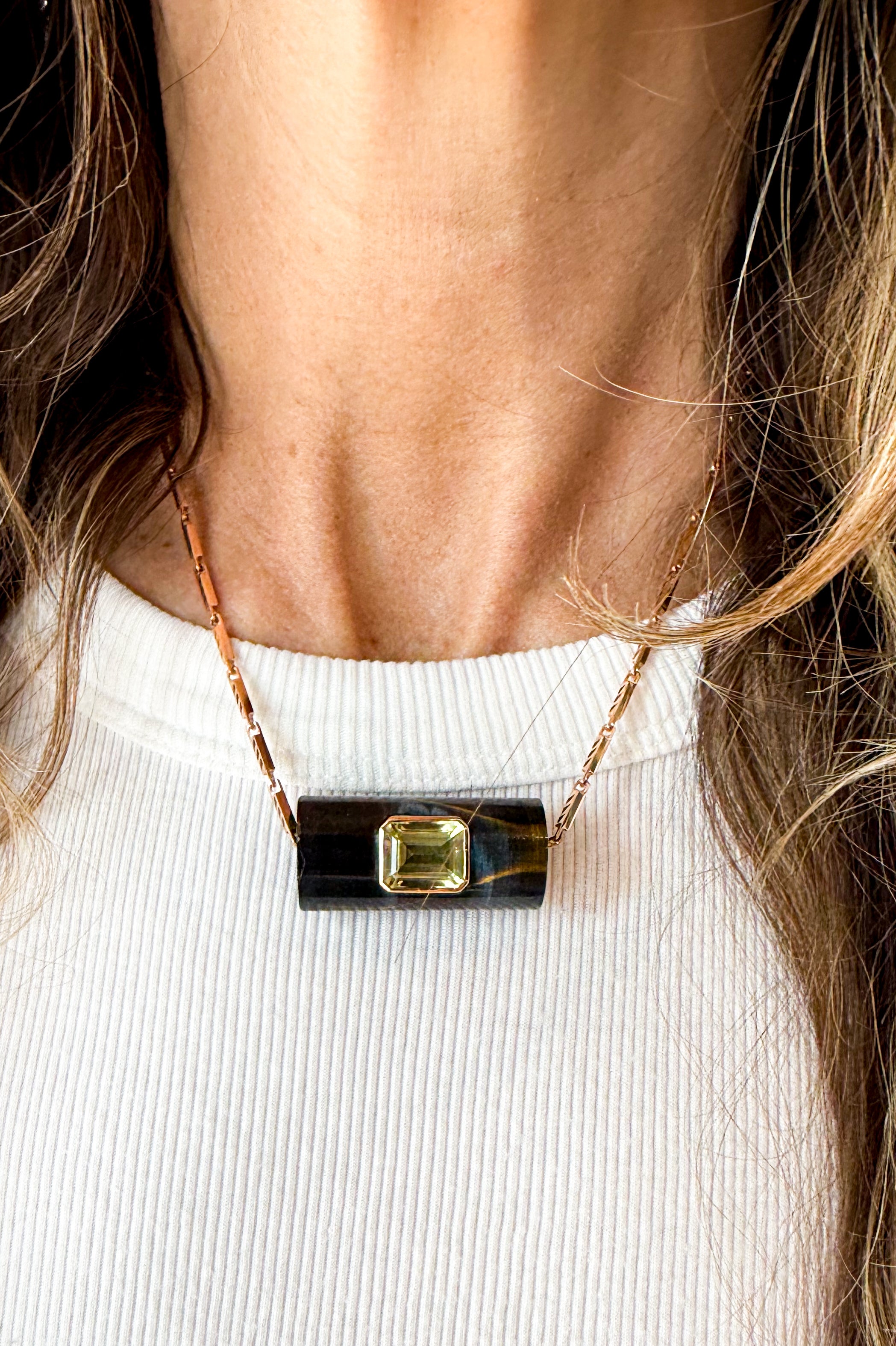 Blue Tiger Eye Long Bead with Lemon Quartz