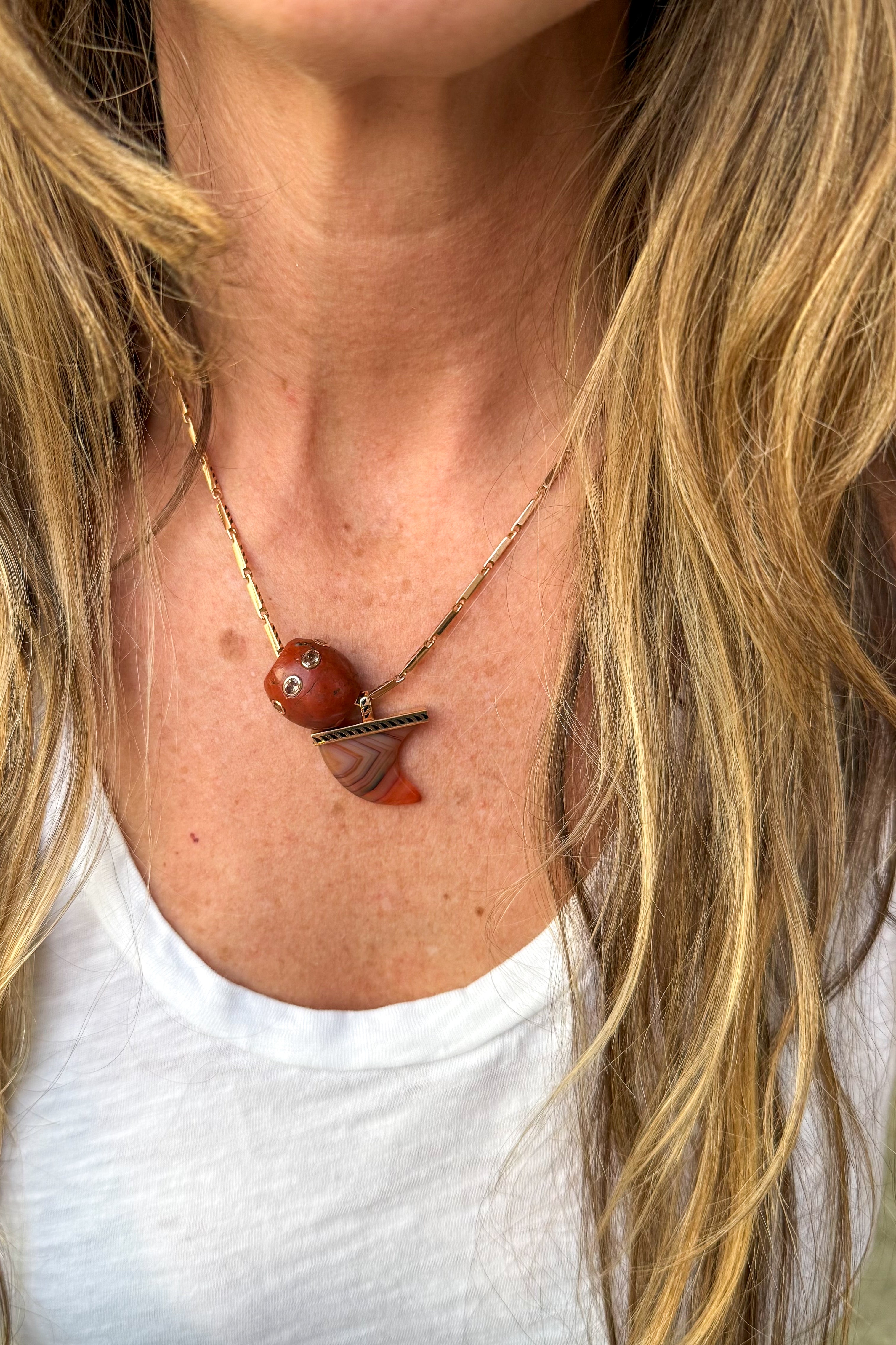 Round Agate Bead with Garnets