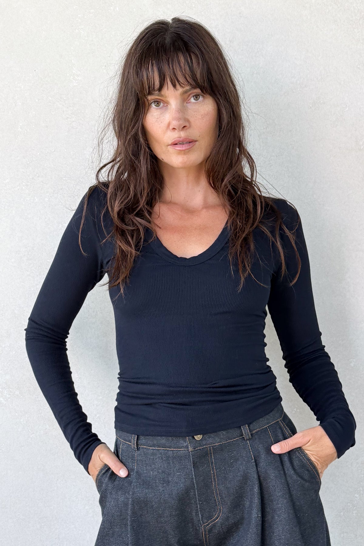 Silk Rib Plunge Neck Tee