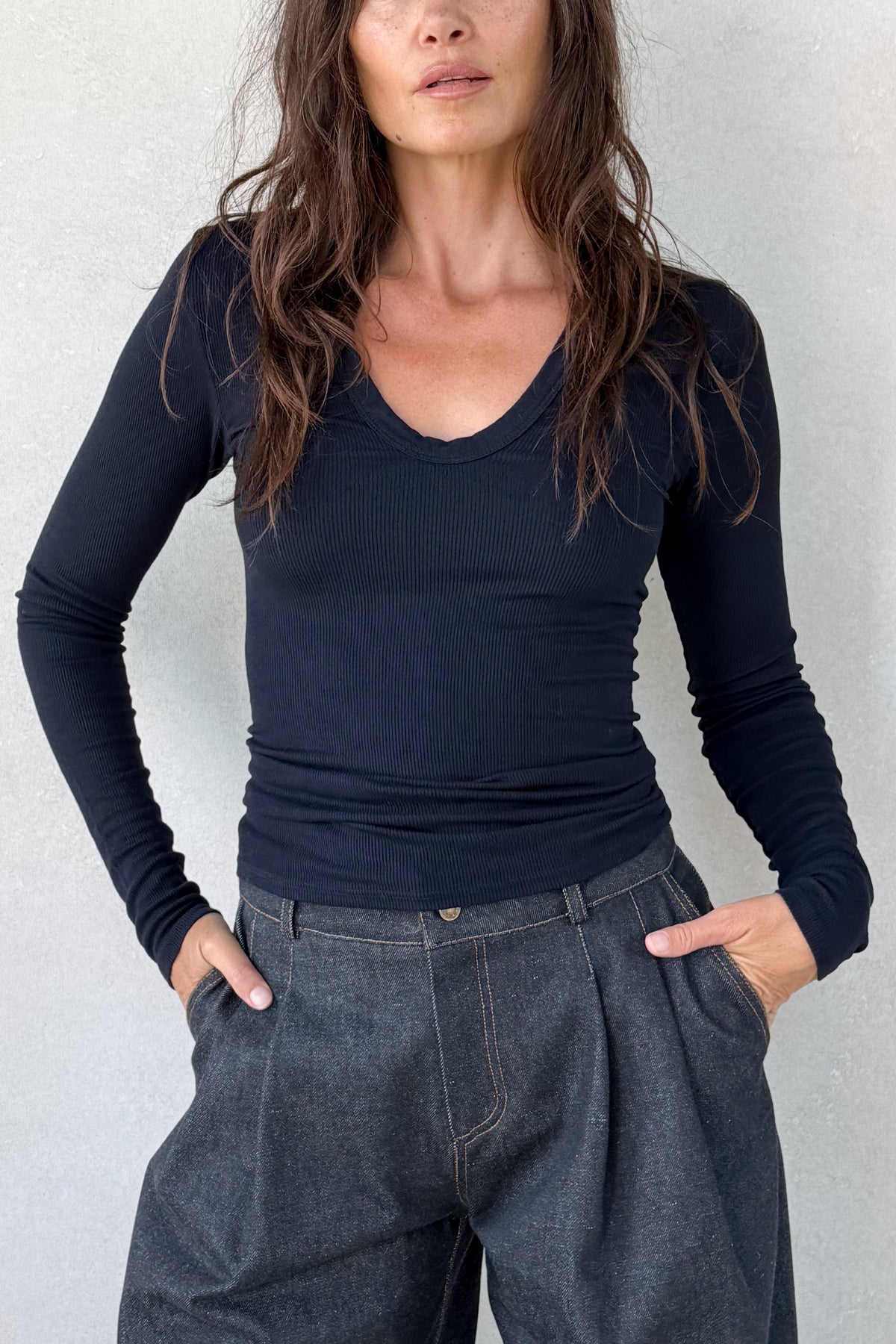 Silk Rib Plunge Neck Tee