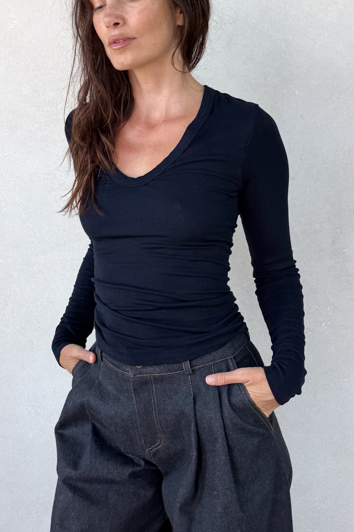 Silk Rib Plunge Neck Tee
