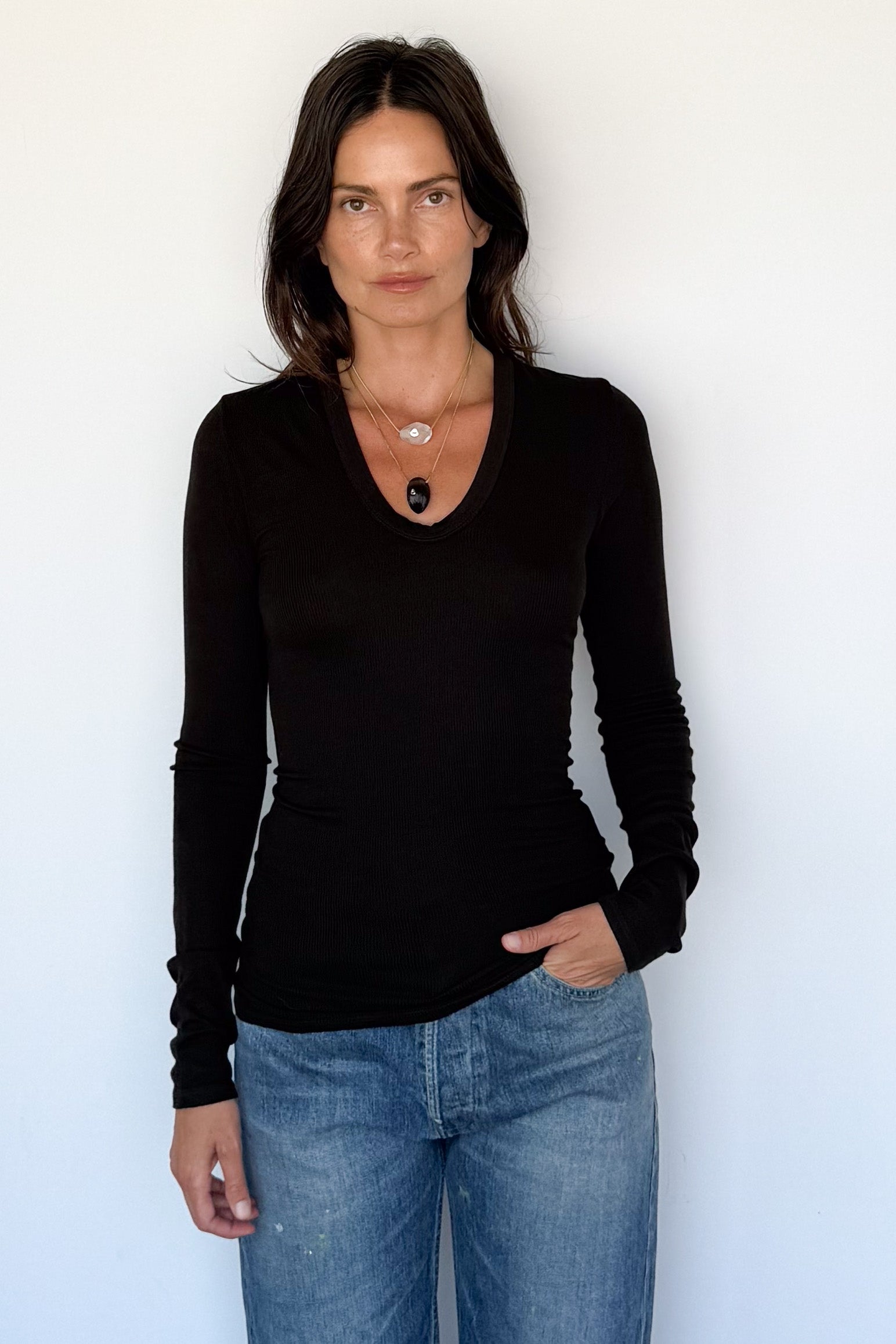 Silk Rib Fitted Plunge Neck