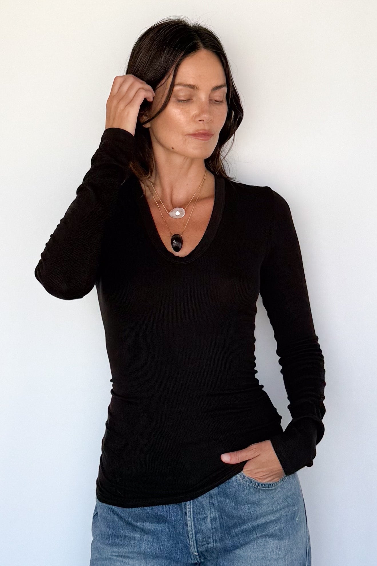 Silk Rib Fitted Plunge Neck