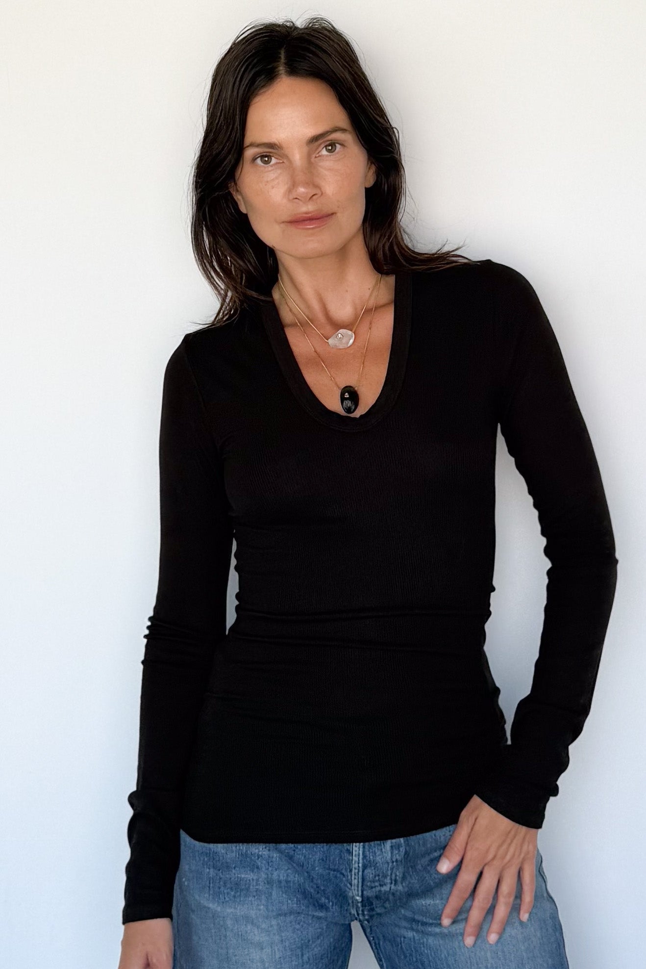 Silk Rib Fitted Plunge Neck