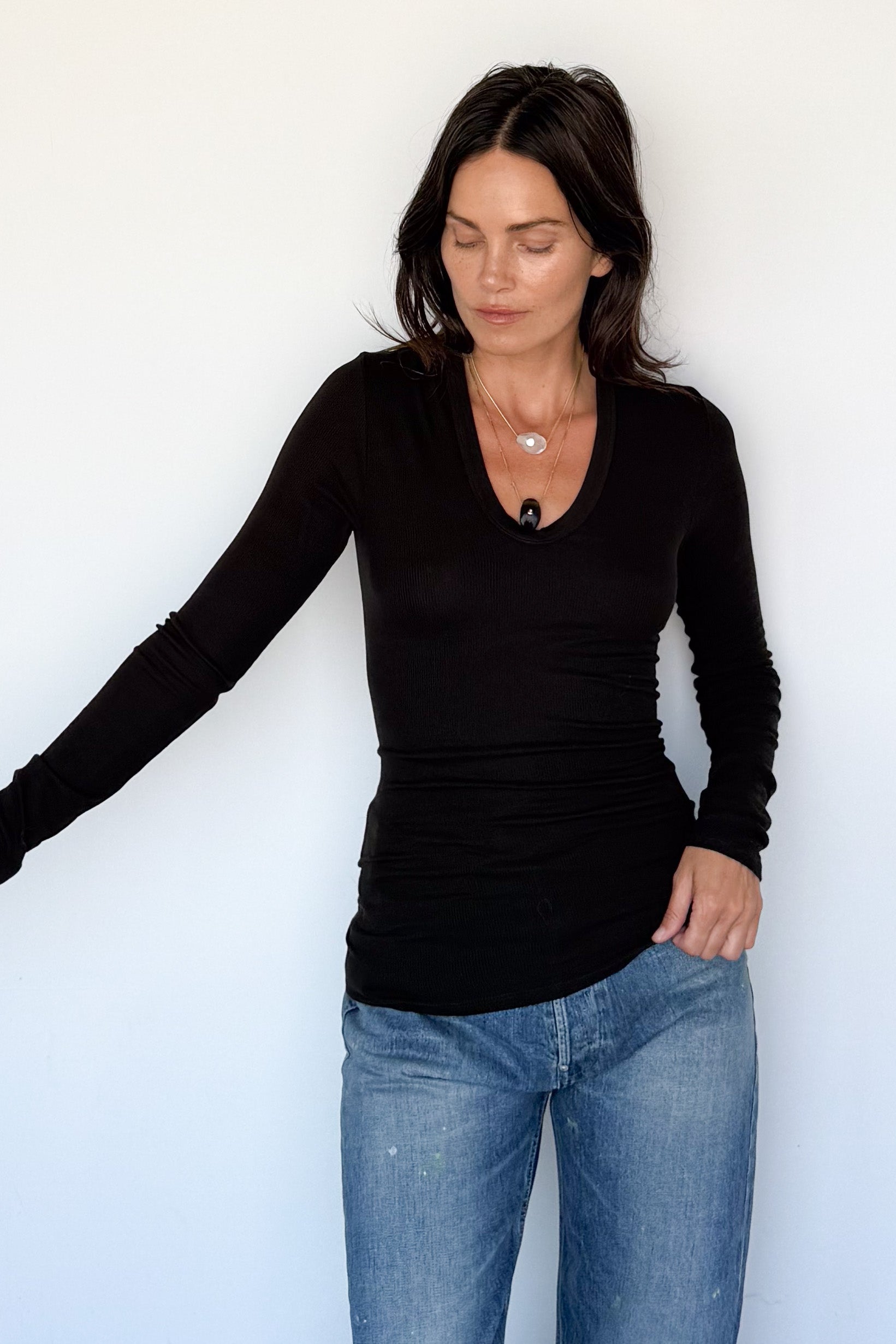 Silk Rib Fitted Plunge Neck