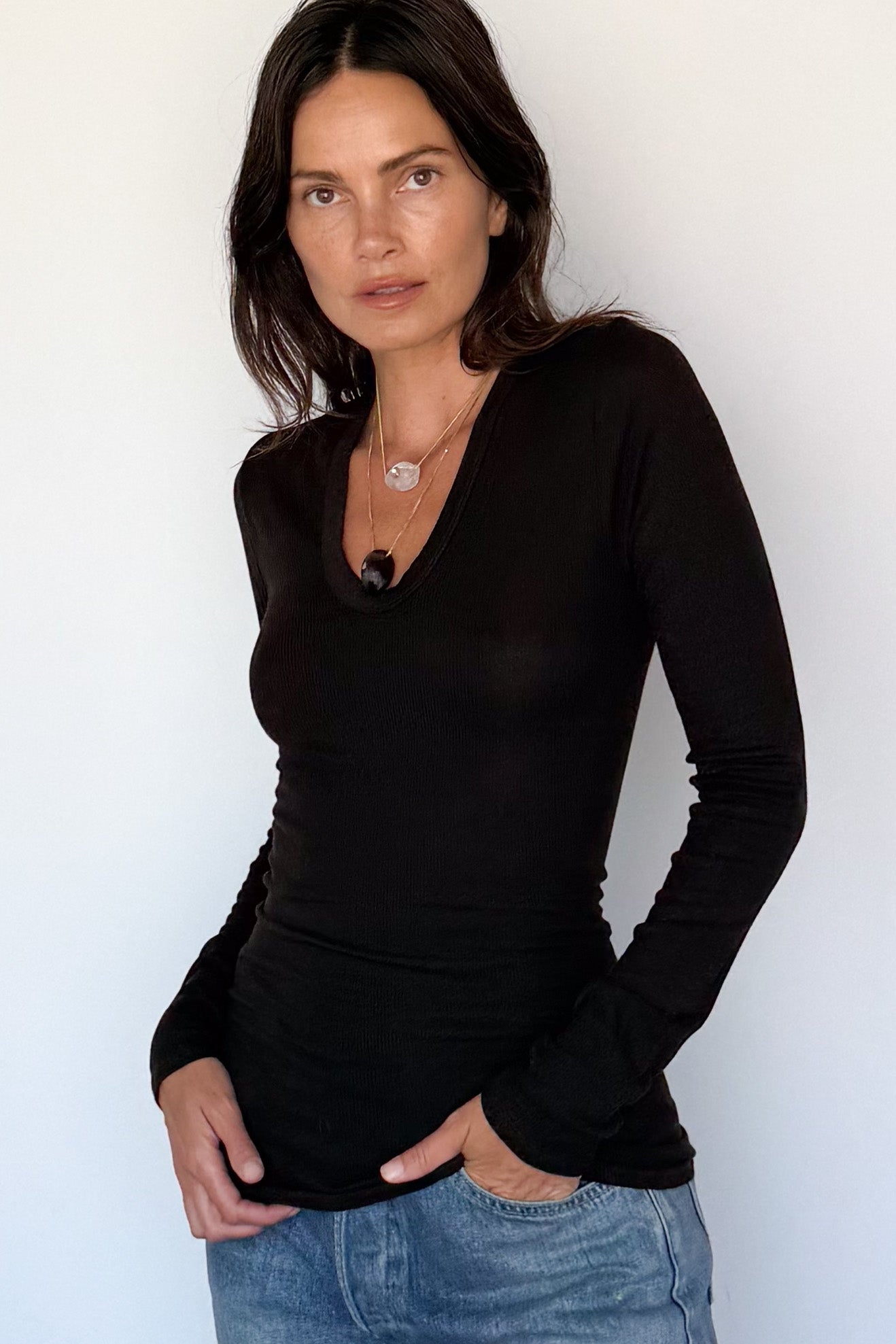 Silk Rib Fitted Plunge Neck