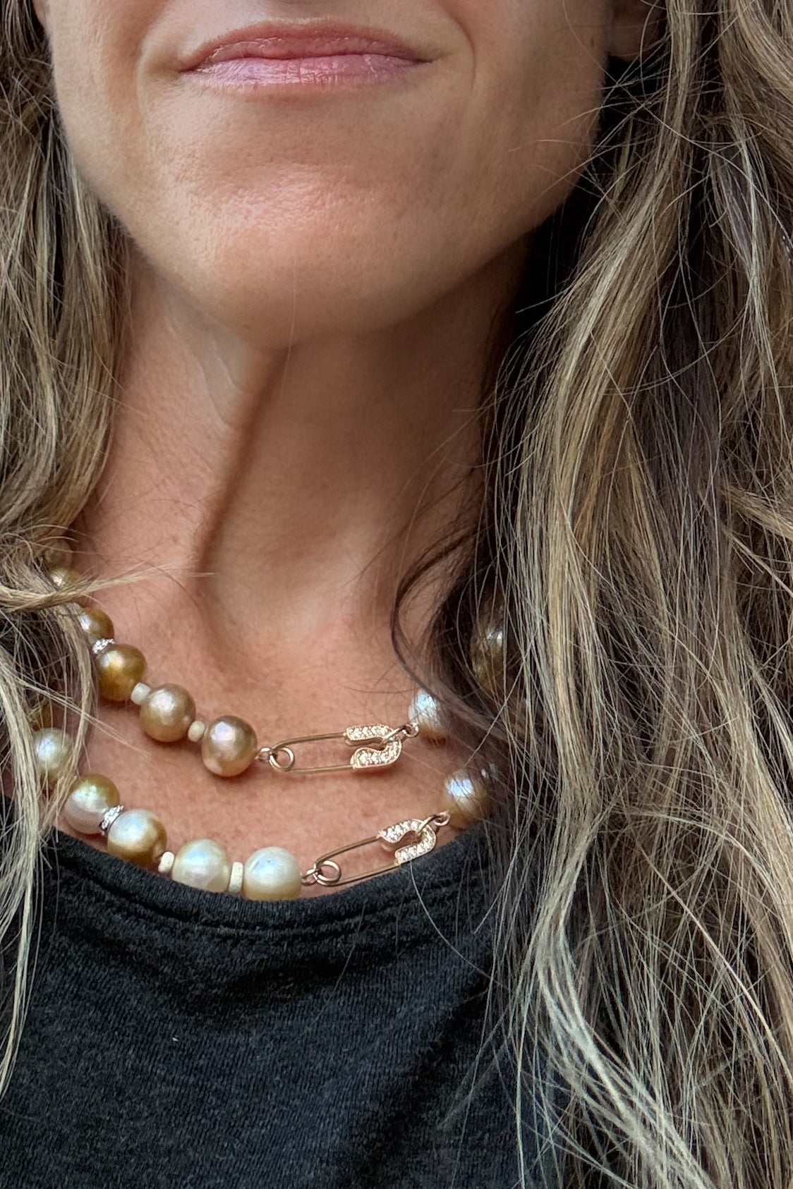 Golden White Nila Pearl Necklace With Pave Pin Clasp