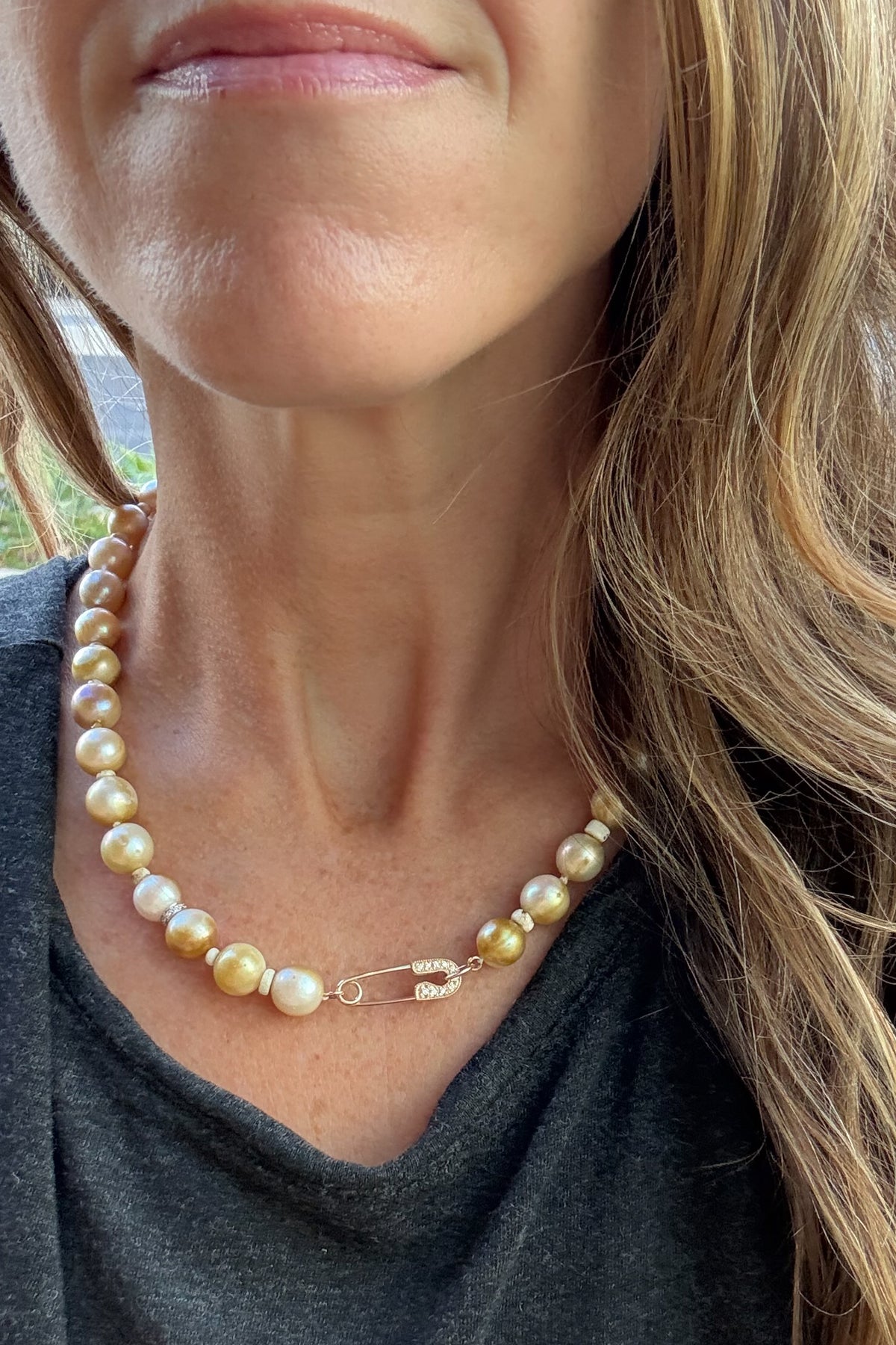 Golden White Nila Pearl Necklace With Pave Pin Clasp