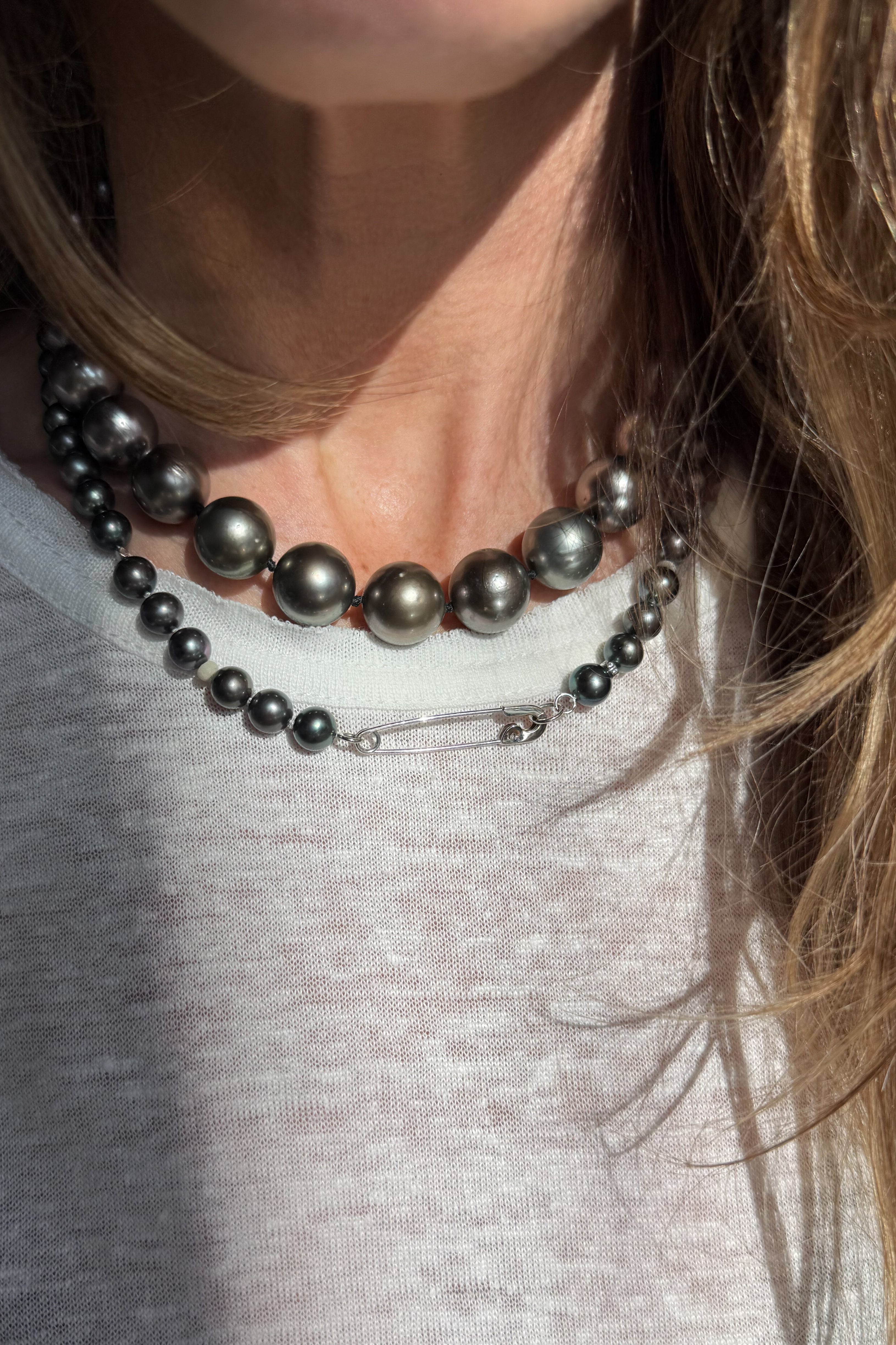 Freshwater Grey Pearl & Safety Pin Necklace