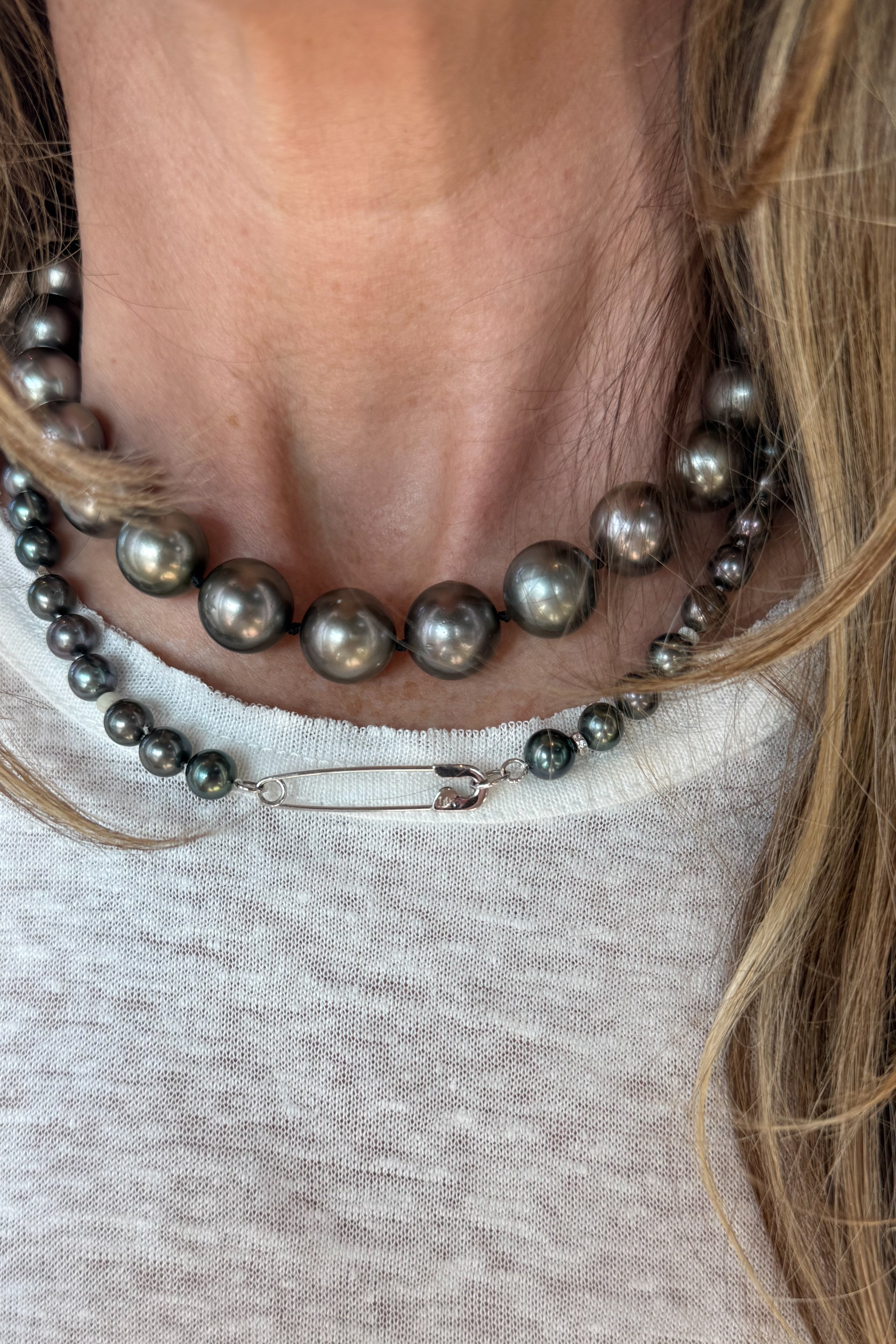 Freshwater Grey Pearl & Safety Pin Necklace