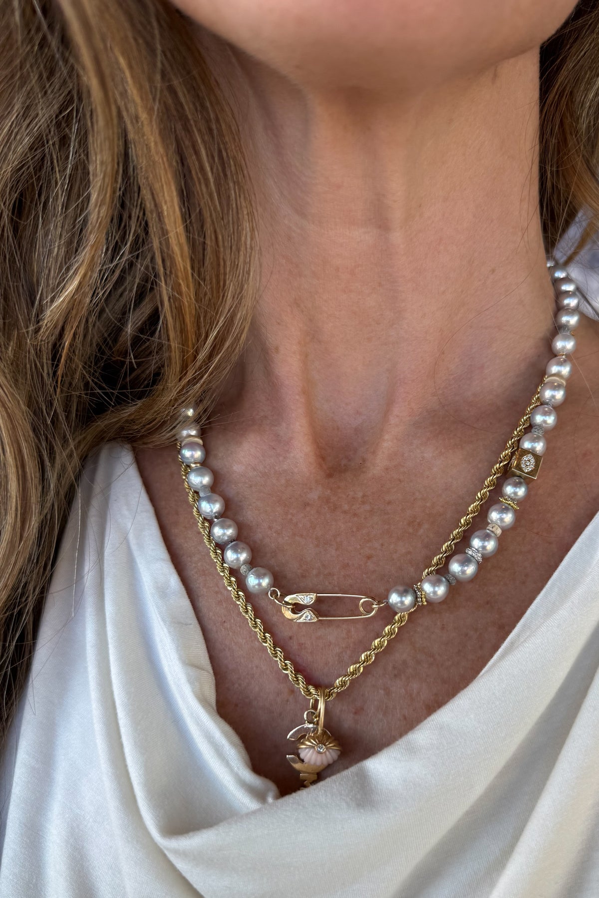 Moon Akoya Pearl Necklace With Diamond Pin Clasp