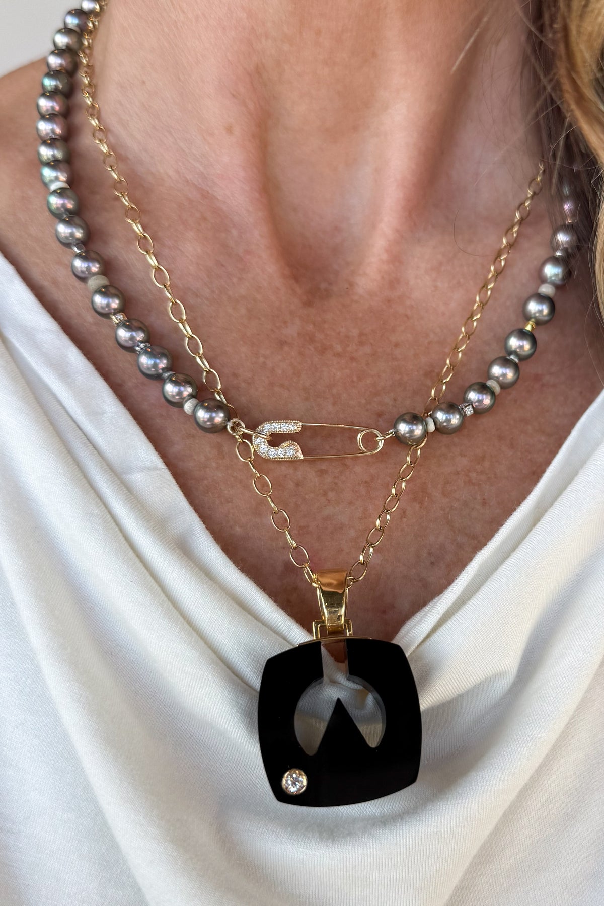 Peacock Akoya Pearl Necklace With Pave Pin Clasp