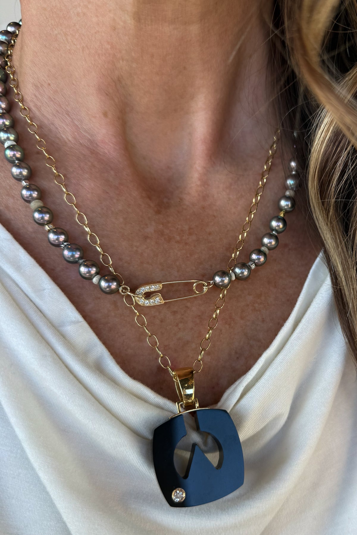 Peacock Akoya Pearl Necklace With Pave Pin Clasp