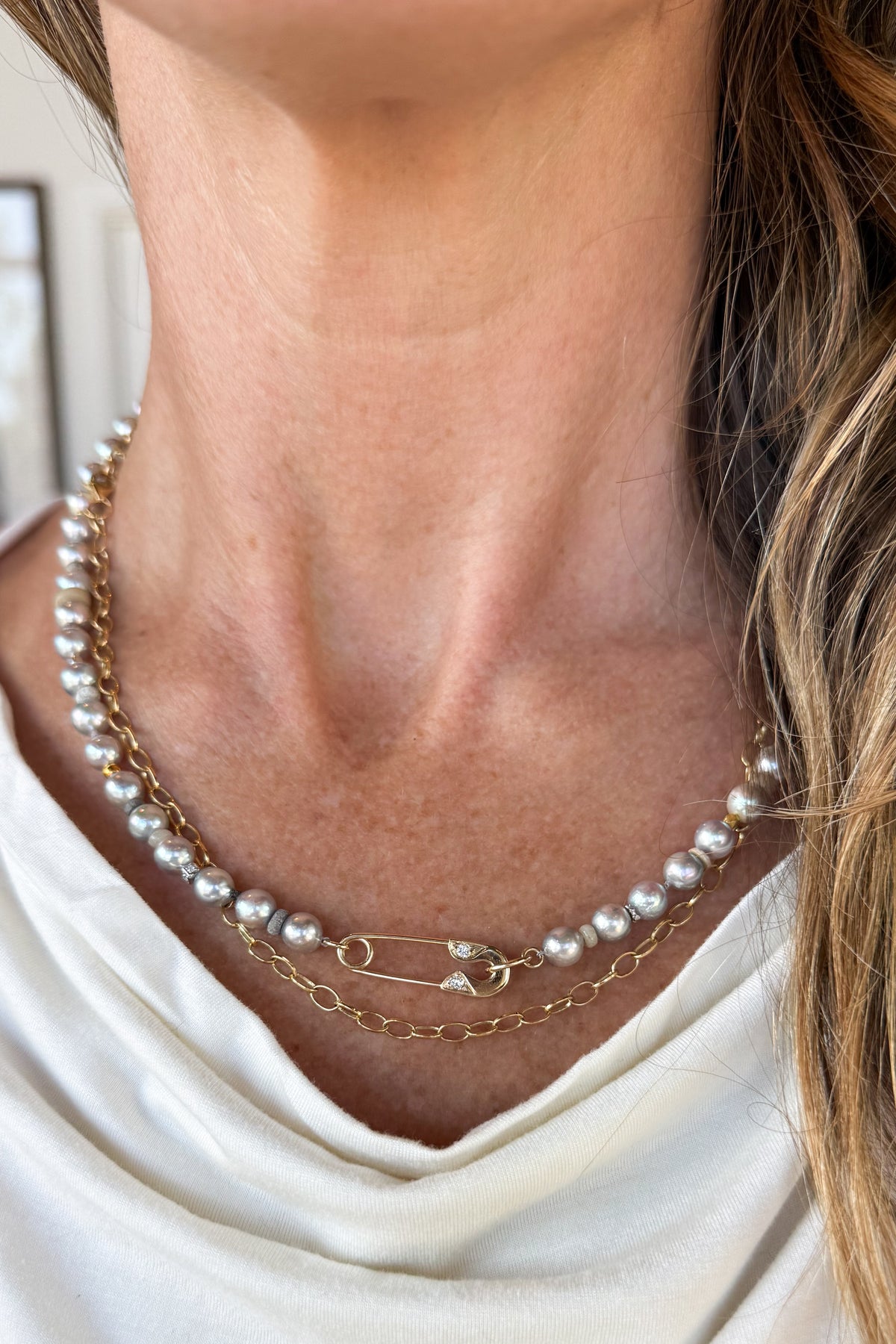Skinny Akoya Pearl Necklace With Diamond Pin Clasp