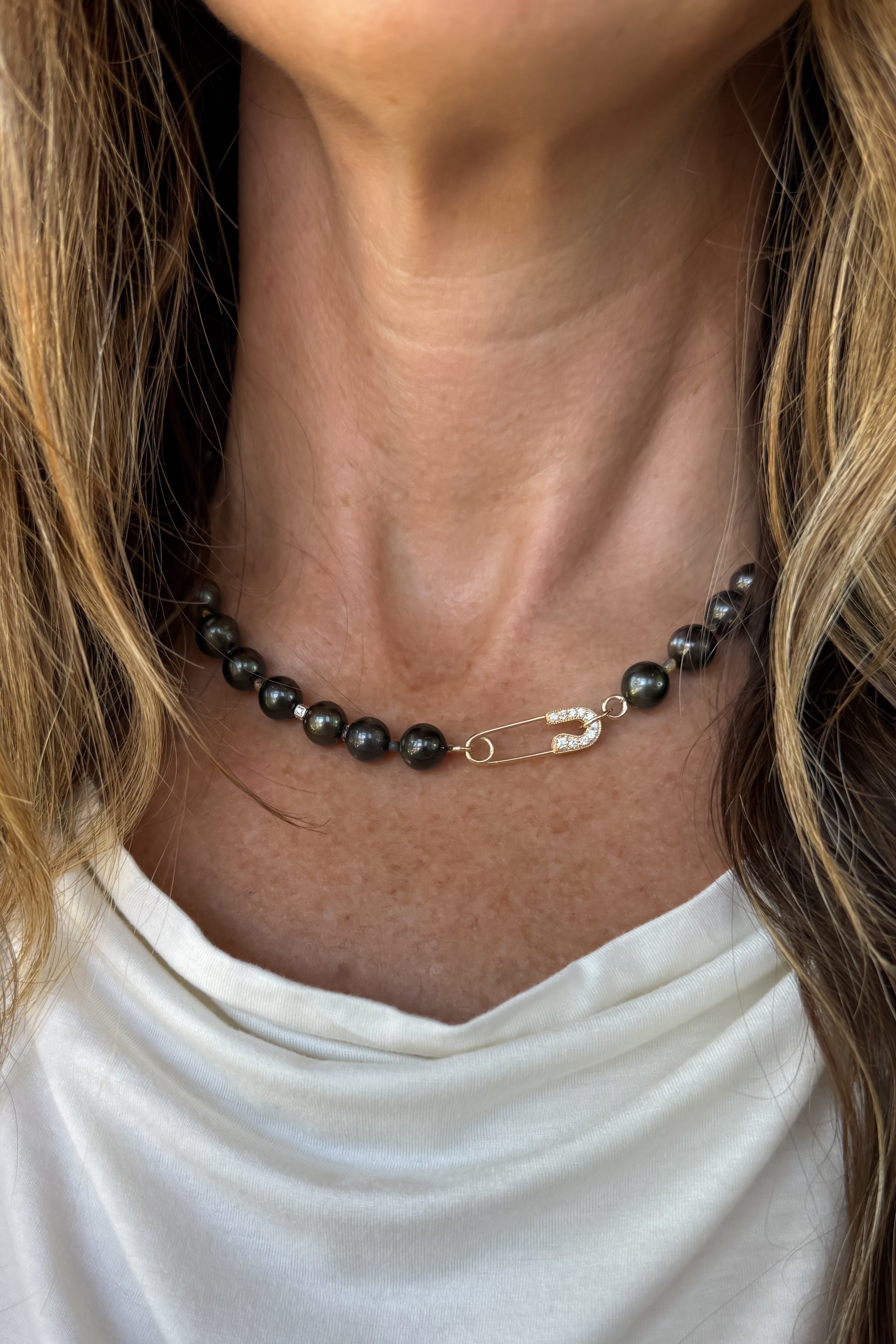 Tahitian Black Pearl Necklace with Pave Pin Clasp