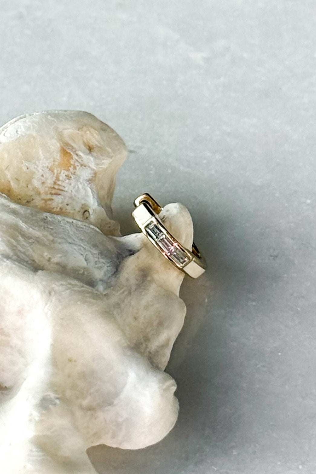 Diamond Baguette & White Enamel Huggie Hoop Earring