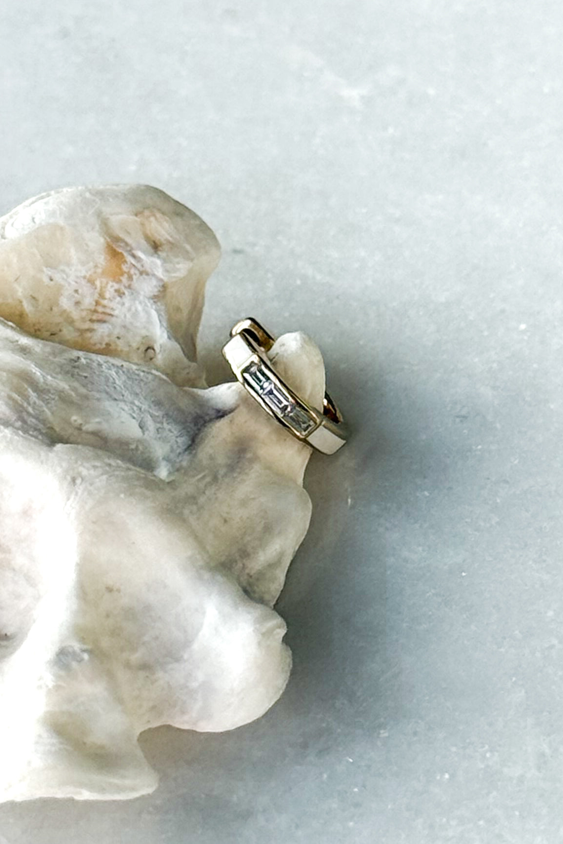 Diamond Baguette & White Enamel Huggie Hoop Earring