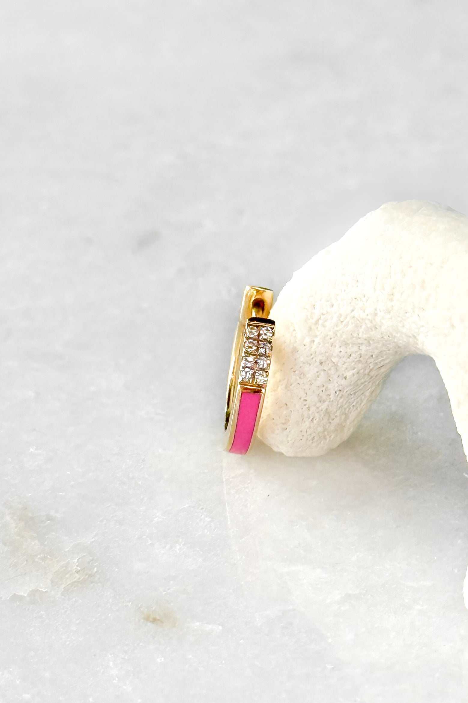 Pink Enamel Diamond Huggie Hoop Earring