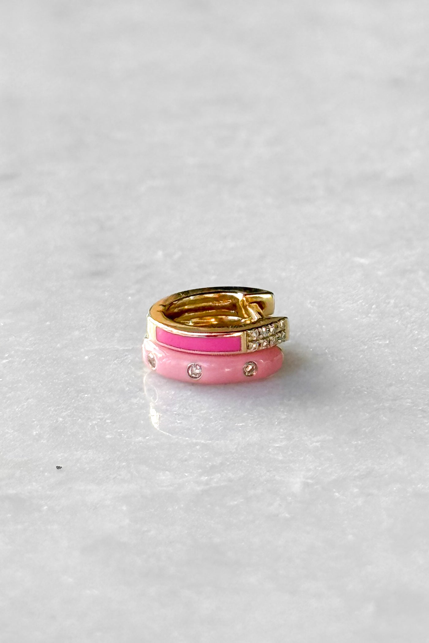 Pink Enamel Diamond Huggie Hoop Earring