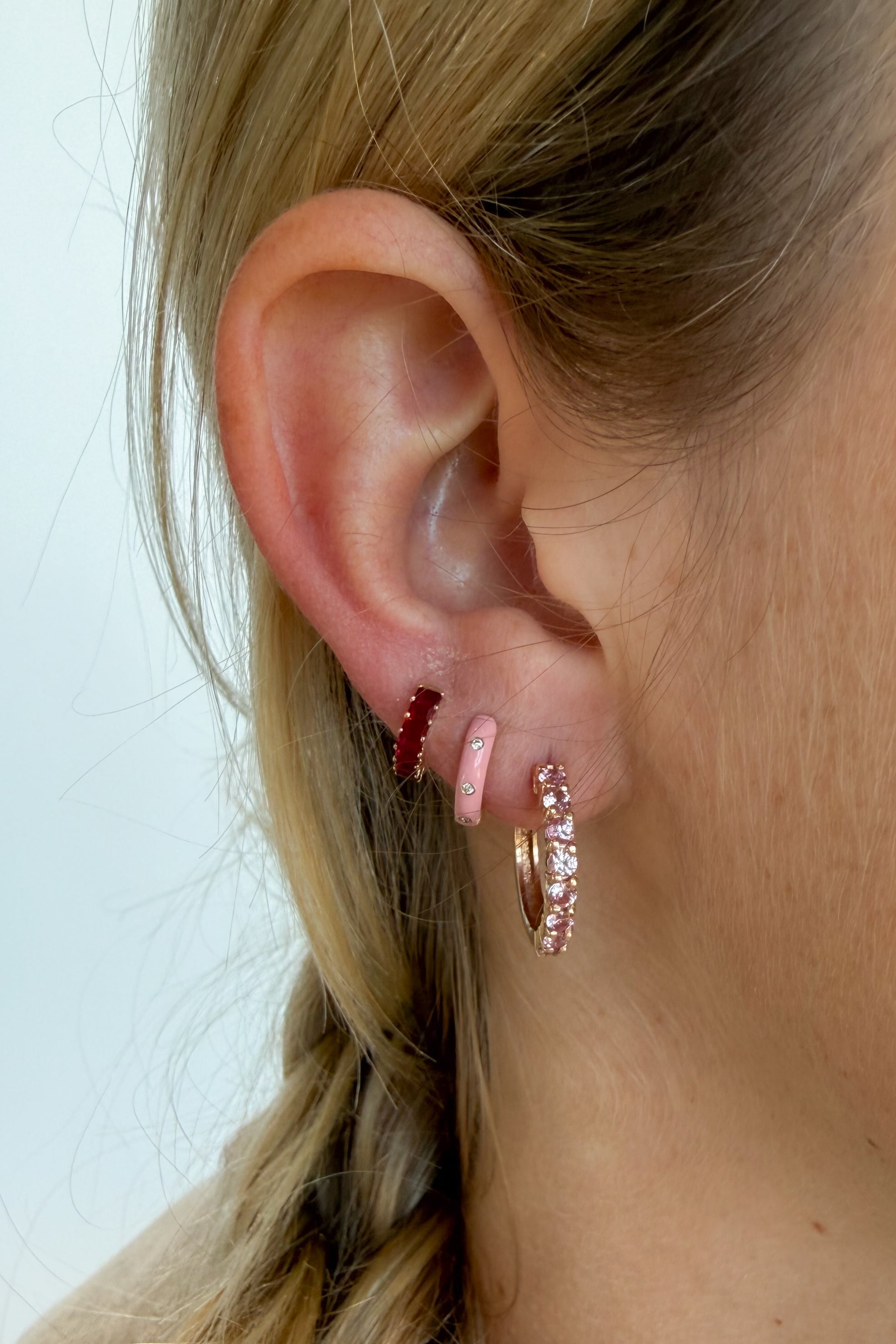Triple Diamond & Pink Enamel Huggie Hoop Earring