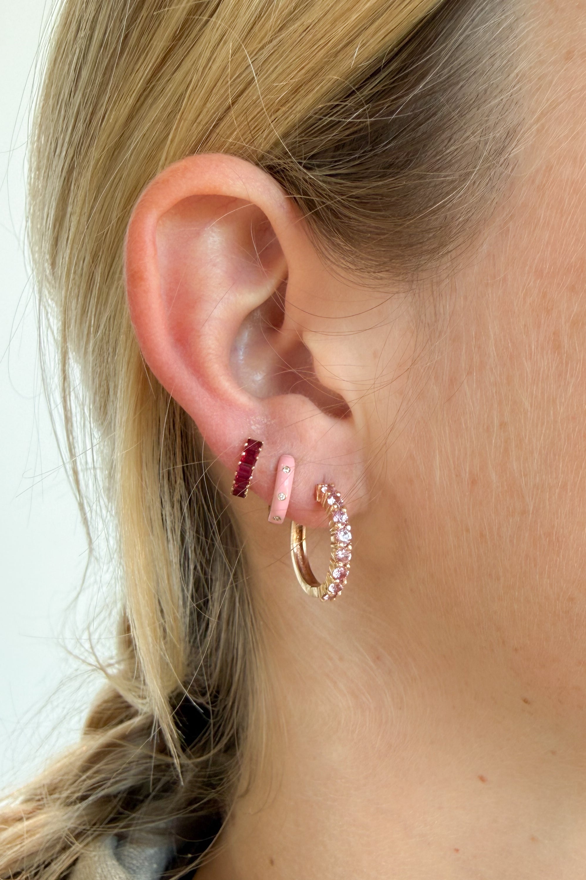 Triple Diamond & Pink Enamel Huggie Hoop Earring