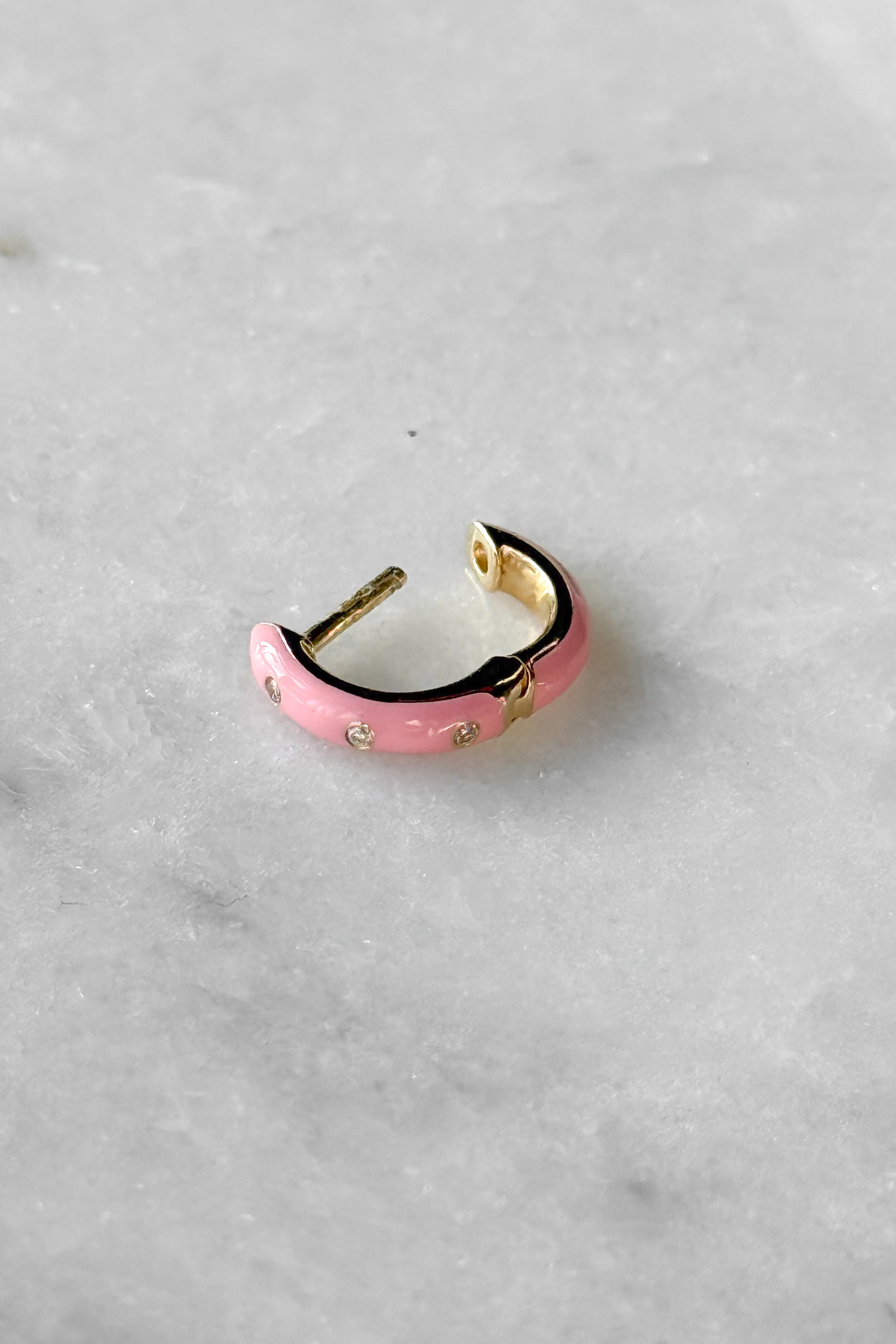 Triple Diamond & Pink Enamel Huggie Hoop Earring