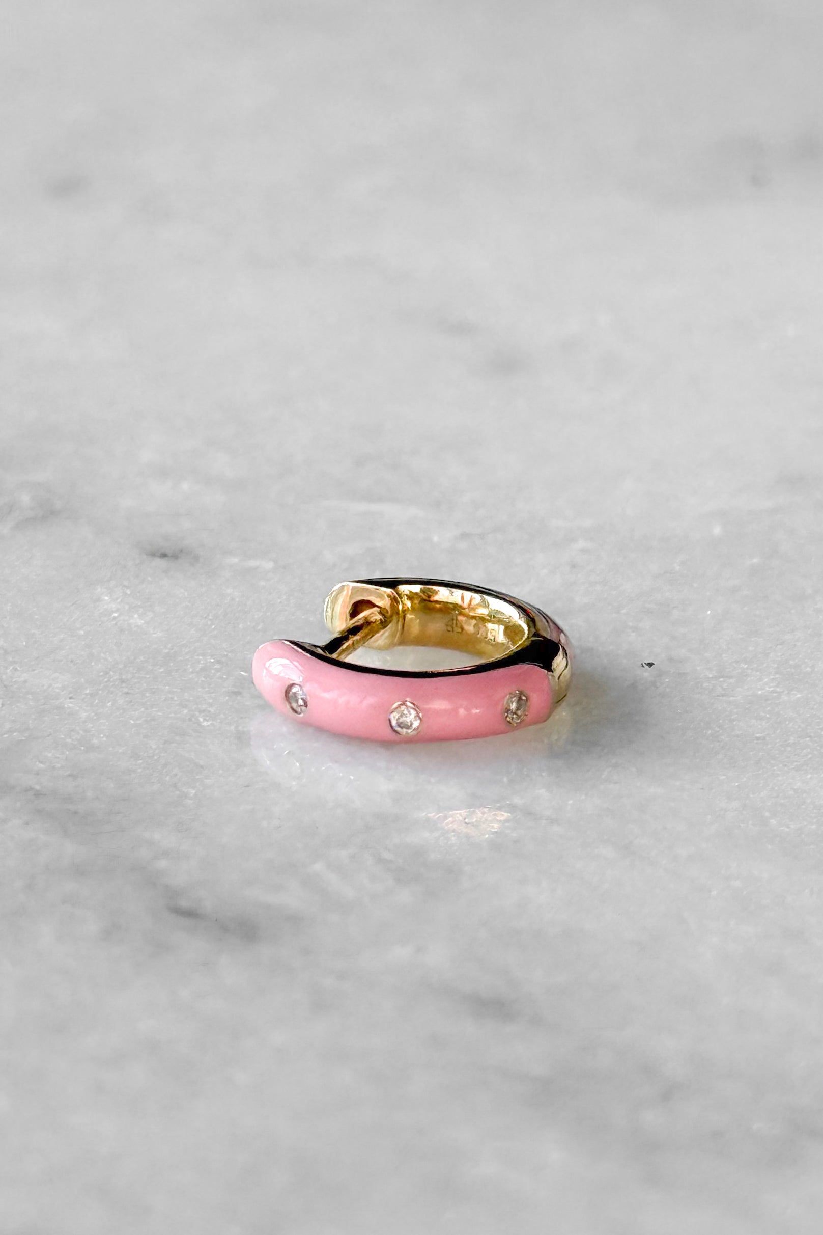 Triple Diamond & Pink Enamel Huggie Hoop Earring