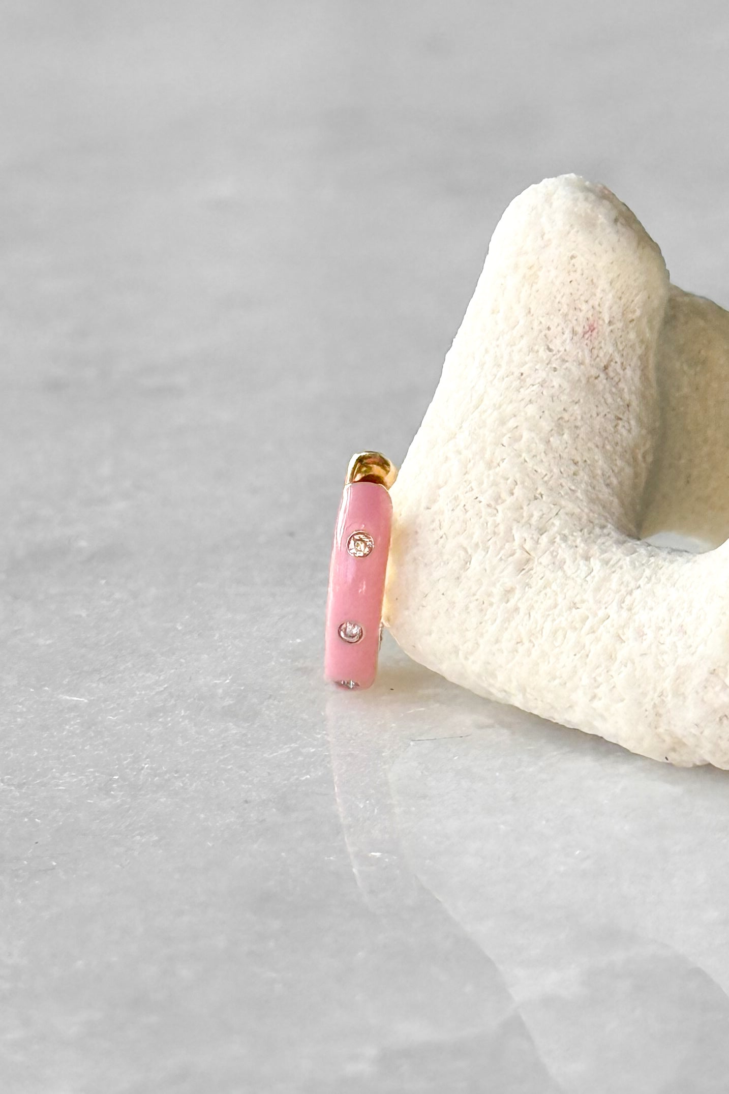 Triple Diamond & Pink Enamel Huggie Hoop Earring