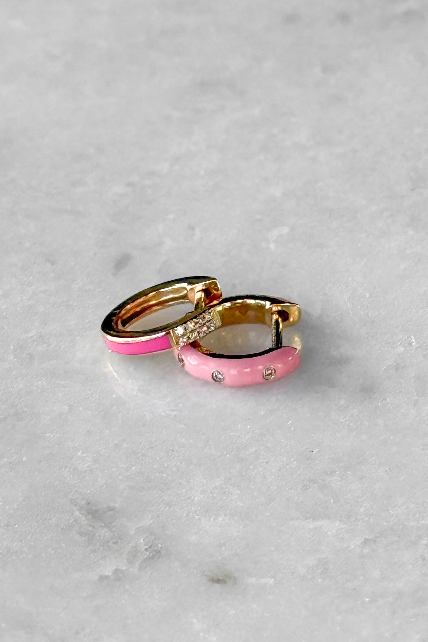 Triple Diamond & Pink Enamel Huggie Hoop Earring