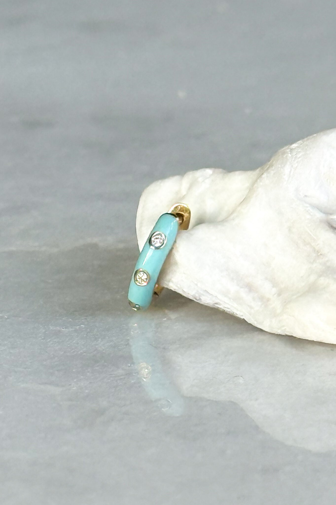Triple Diamond & Turquoise Enamel Huggie Hoop Earring