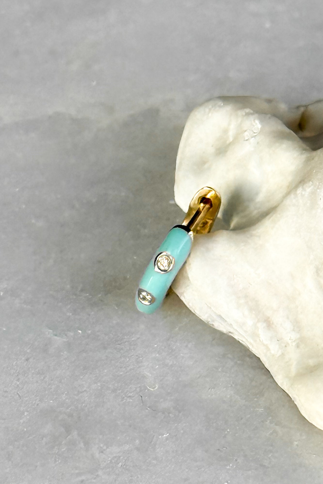 Triple Diamond & Turquoise Enamel Huggie Hoop Earring