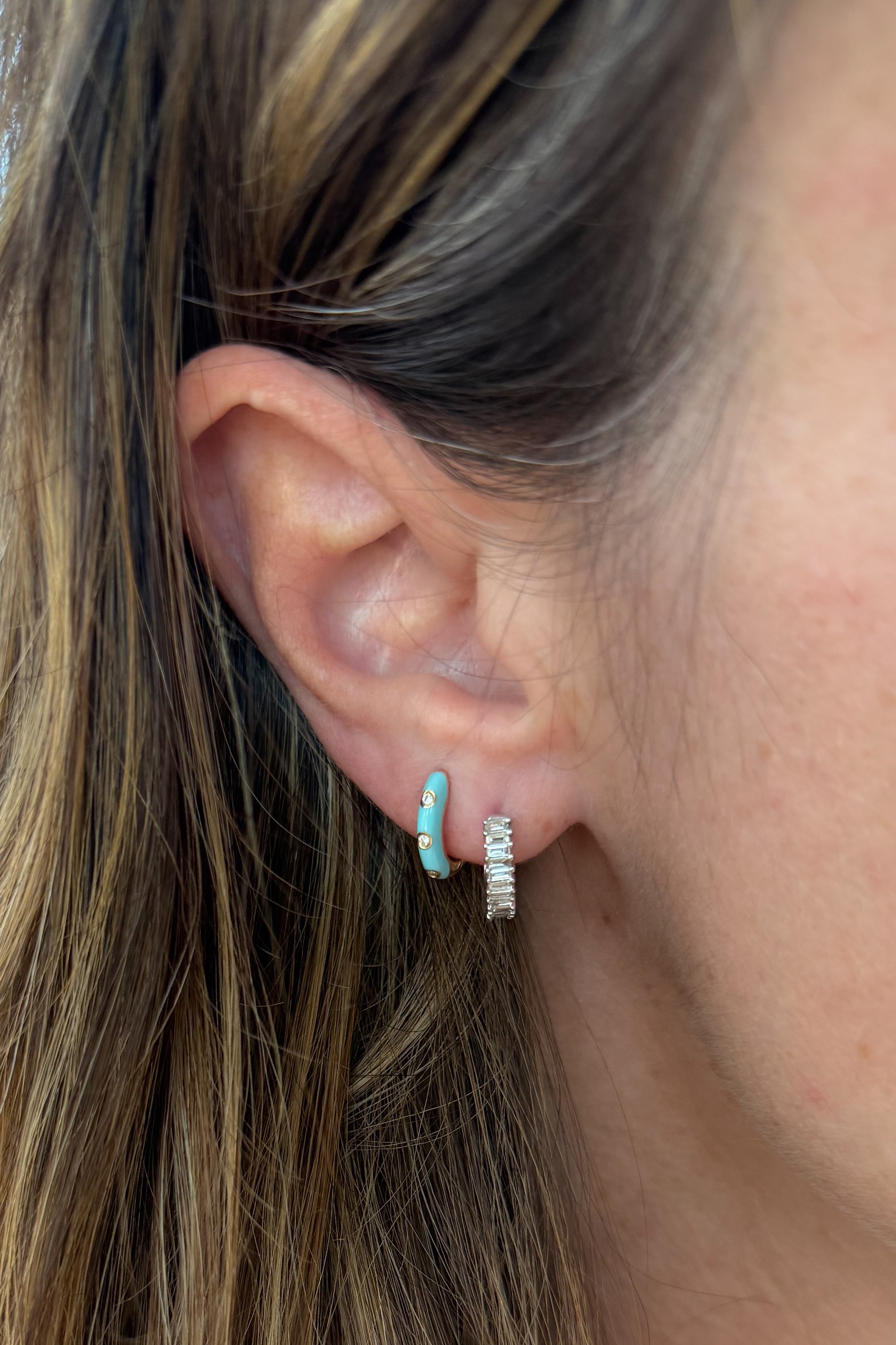 Triple Diamond & Turquoise Enamel Huggie Hoop Earring