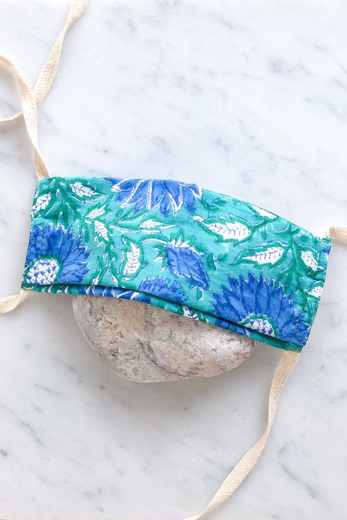 Blue Green Floral 100% Soft Cotton Face Mask