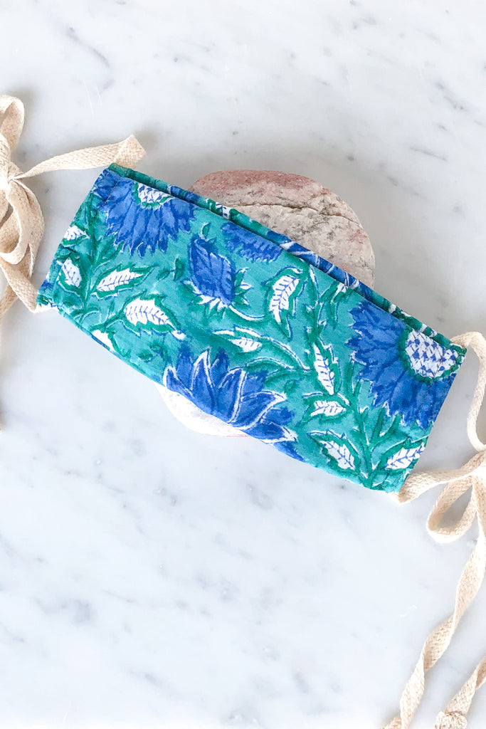 Blue Green Floral 100% Soft Cotton Face Mask