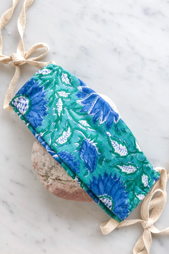 Blue Green Floral 100% Soft Cotton Face Mask