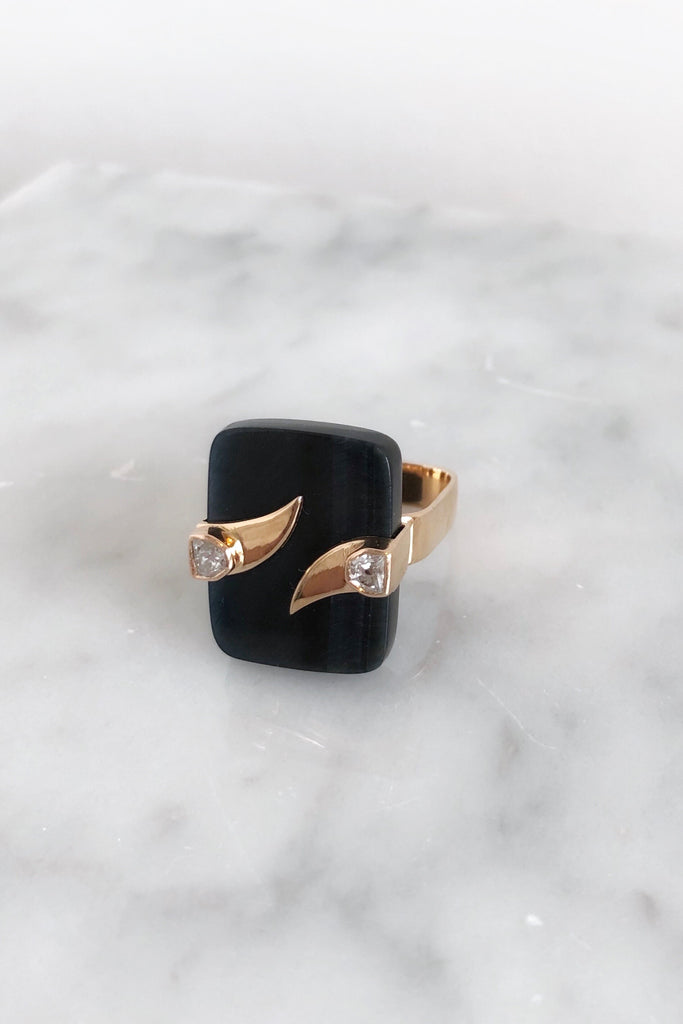 Double Fin on Blue Tiger Eye Ring with Diamonds